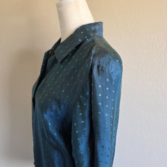 Endless Knot Art Sik Blouse Shirt Teal Side Vent Geometric Embroidery Size M - Picture 4 of 6
